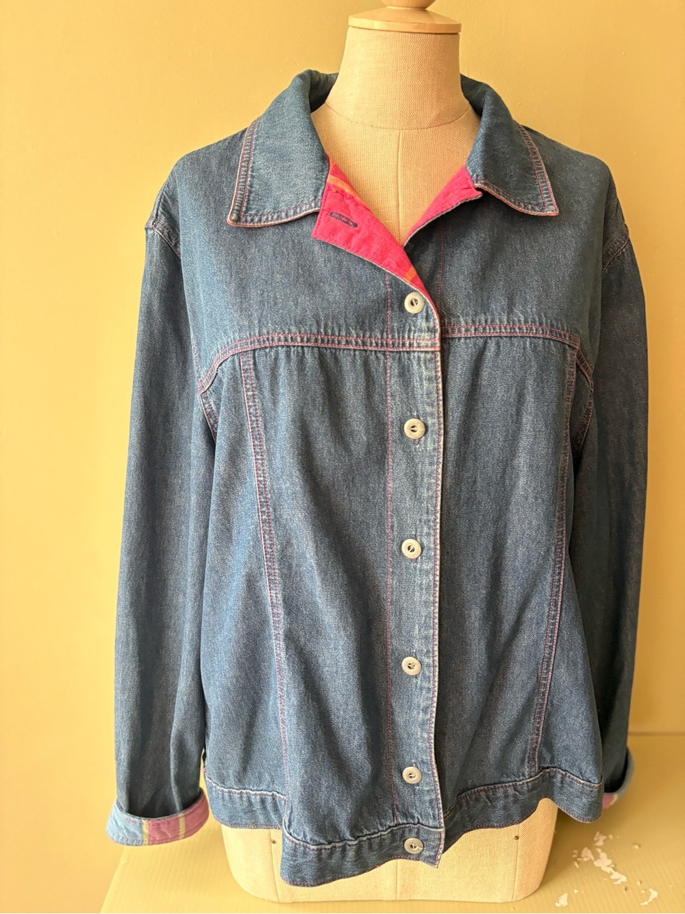 Alia Sport Blue Denim jacket with Pink Stitching and plaid detail Sz L cotton